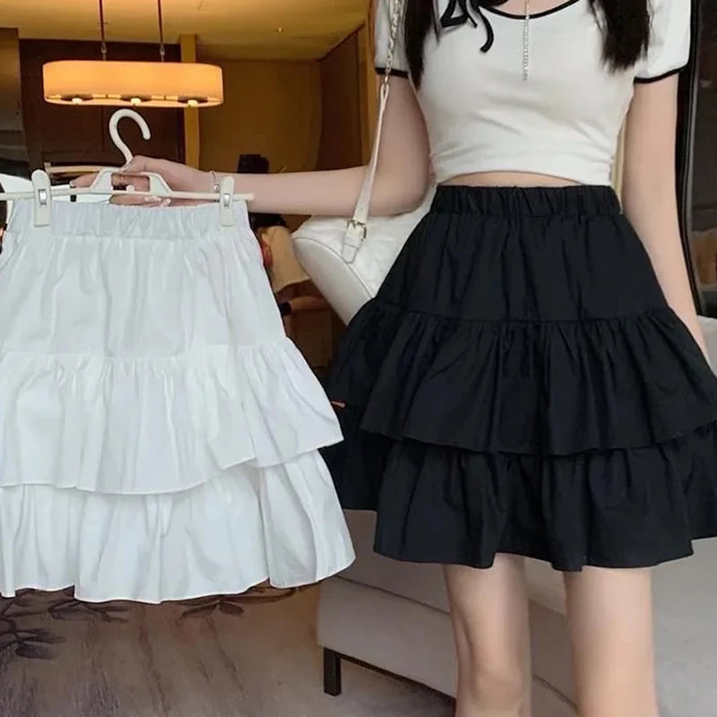 Pleated A-Line Skirt Women White Ruffle Sweet Tierred Pretty Style