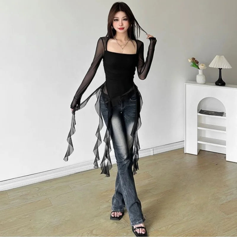 Ruffle Long Sleeve Sexy T-Shirts Fashion Women Y2K Irregular