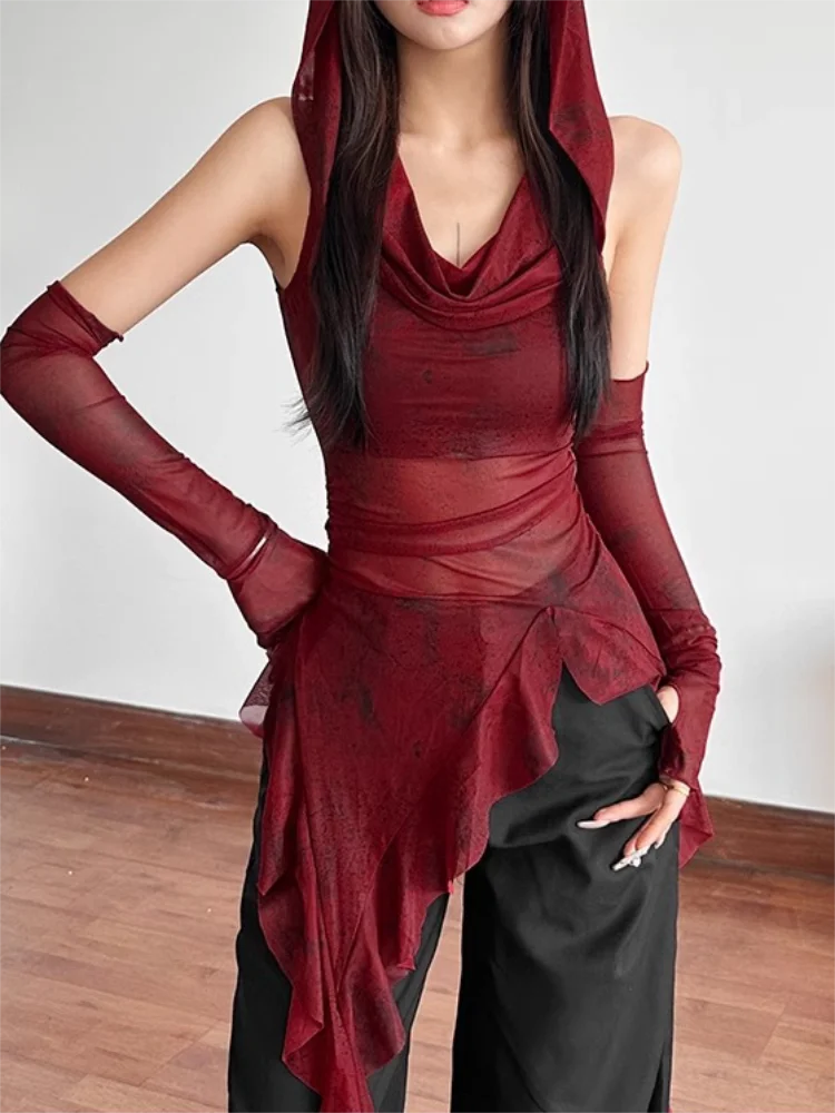 Red Mesh See Through Top Streetwear Hooded T-shirt Irregular Ruffle