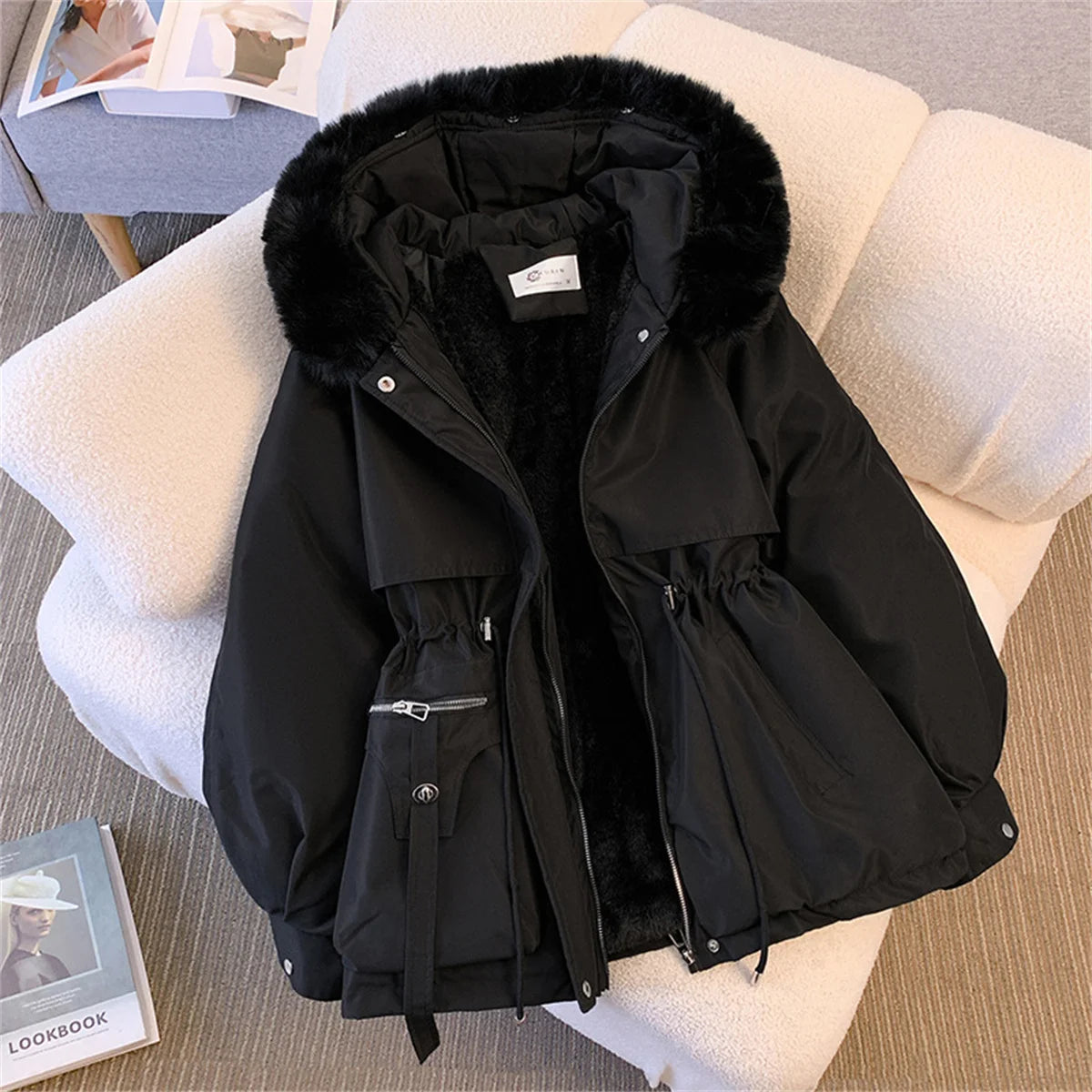 Women Autumn Winter Fashion Coats Korean Hooded Drawstring Padded