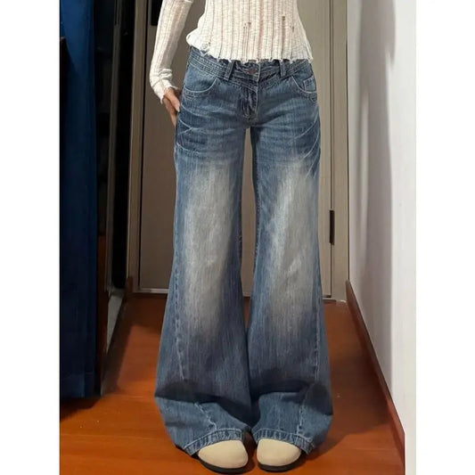 New American Vintage Edgy Low Waist Washed Jeans Women Lightning Crack