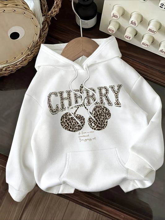 Leopard Print Cherry Letter Printed Women's Autumn Winter Round Neck