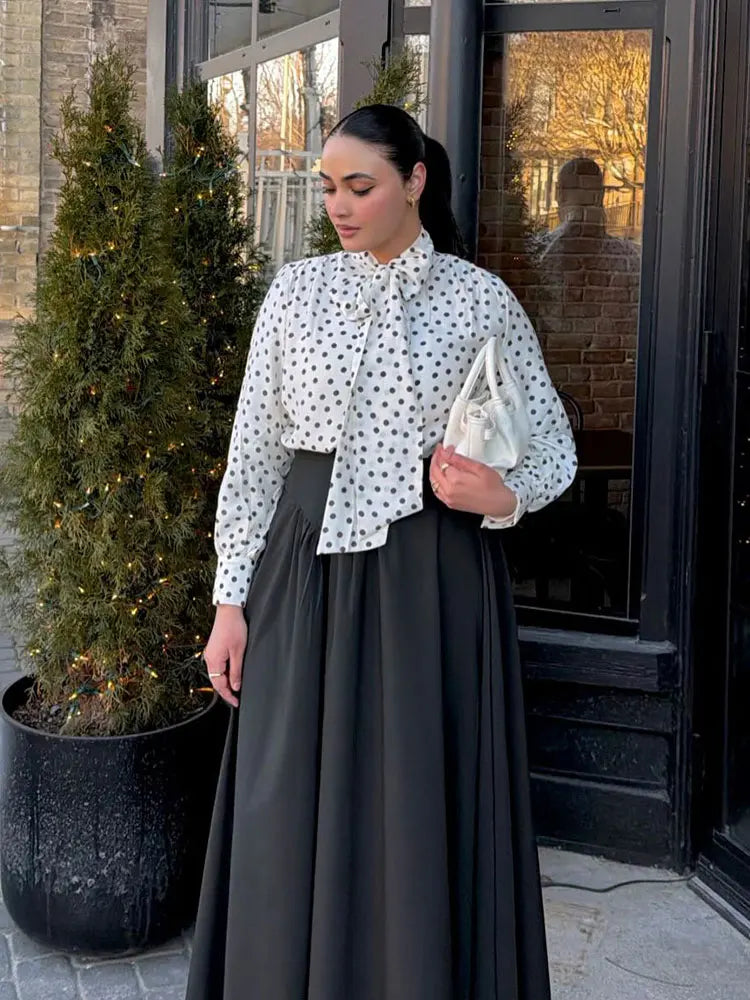 HH Polka Dot Shirts For Women Elegant Fashion Long Sleeve Scarf Collar