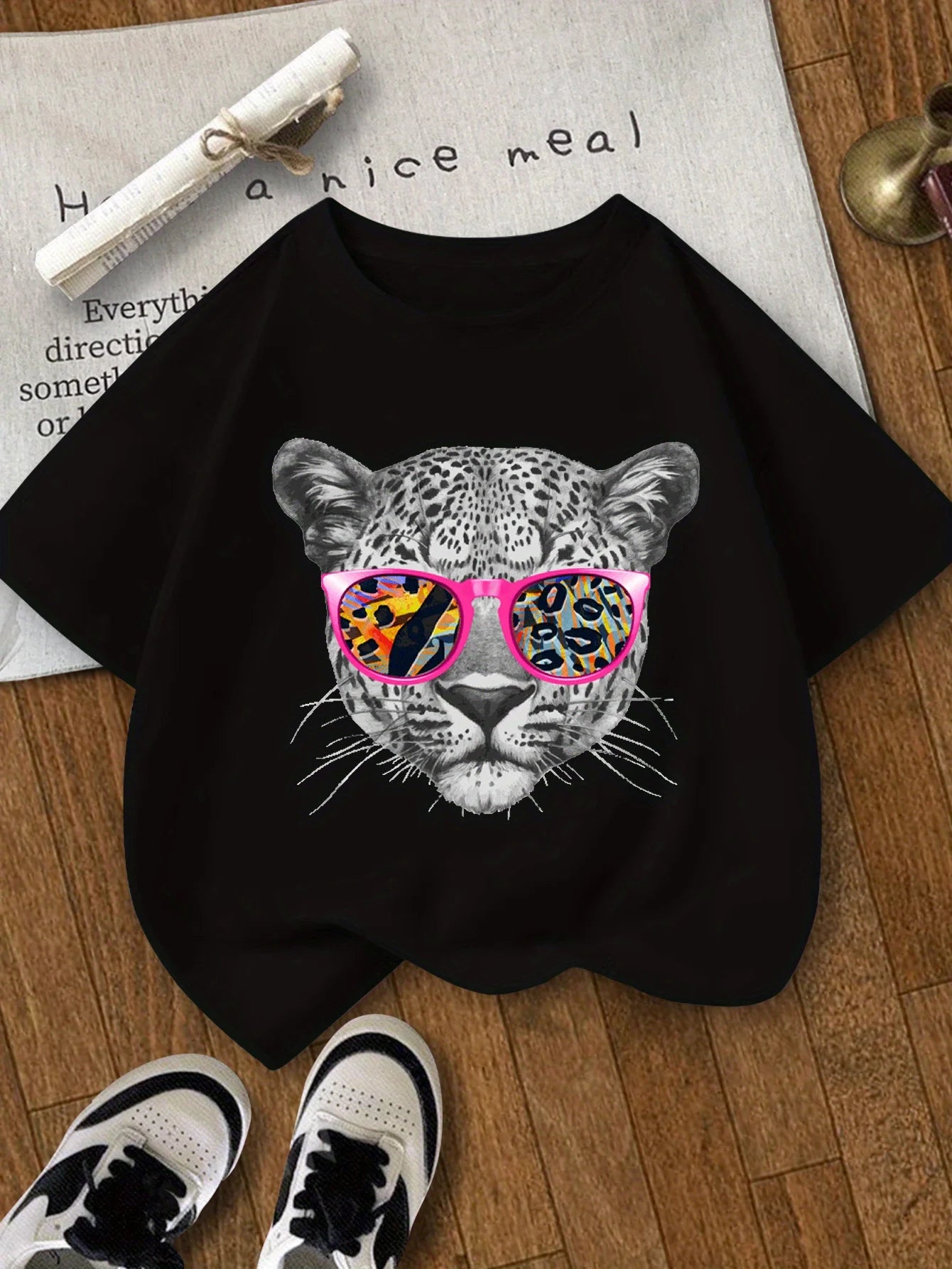 Playful Charm, Colorful Leopard Face Print Girls' T-Shirt Soft Crew