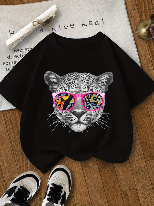 Playful Charm, Colorful Leopard Face Print Girls' T-Shirt Soft Crew