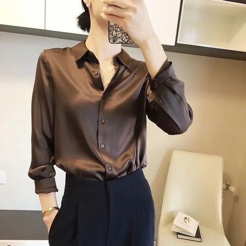 French Elegant Women Satin Glossy Shirt Summer Solid Loose Long Sleeve