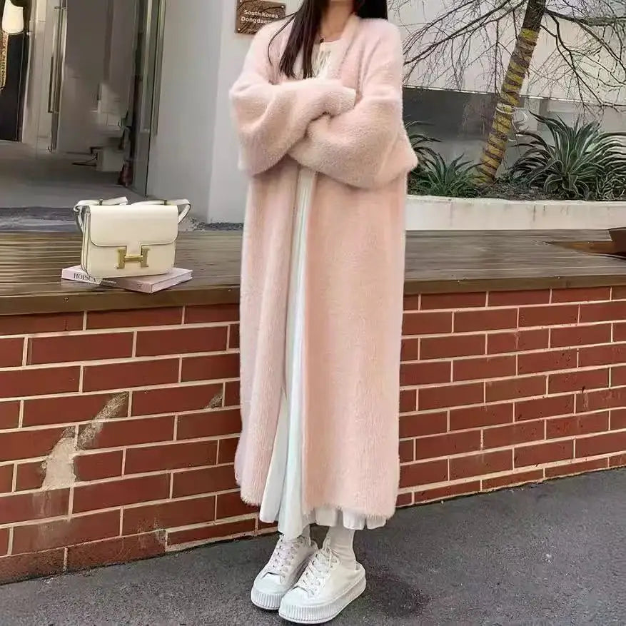 Autumn and winter loose and lazy style open knit coat, thick knee
