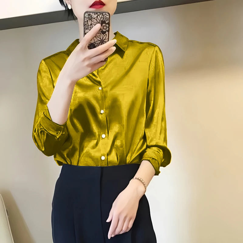 French Elegant Women Satin Glossy Shirt Summer Solid Loose Long Sleeve