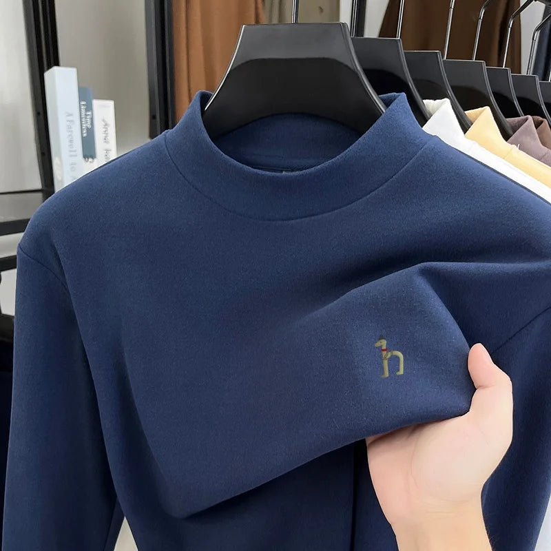 Autumn Winter New Men's Half High Collar Velvet Long Sleeve T-Shirt