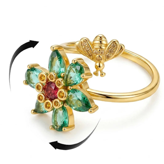 Rotatable Flower Ladies Open Ring with Cubic Zirconia Embedding
