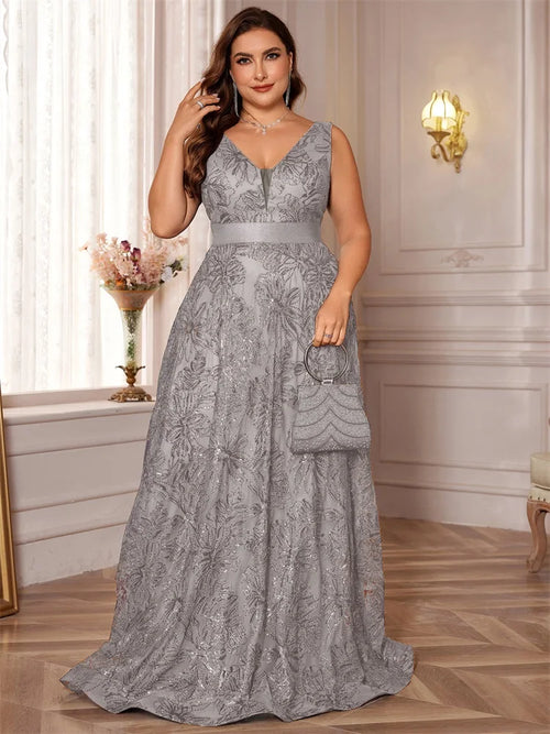 Plus Size Luxury Deep V-Neck Sequins Blue Evening Dress Women Elegant