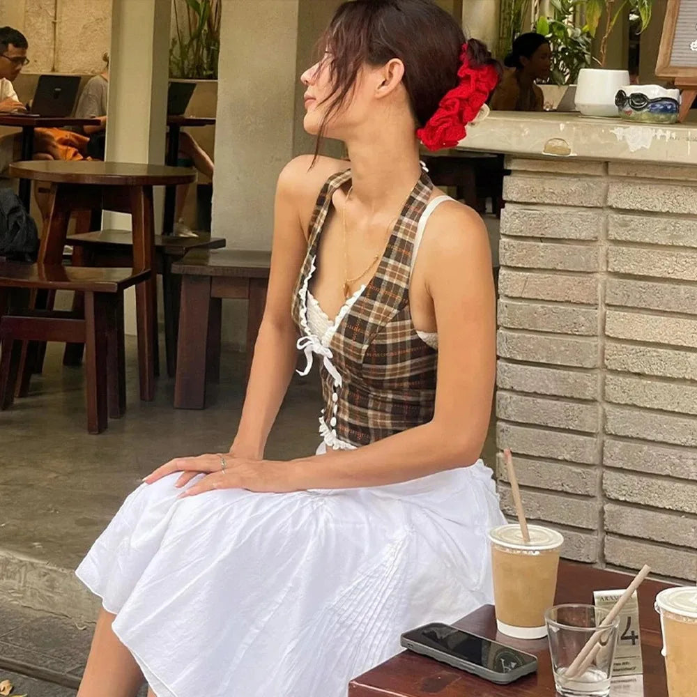 Women's Halterneck Plaid Print Crop Top V-neck Backless Lace Slim Tank