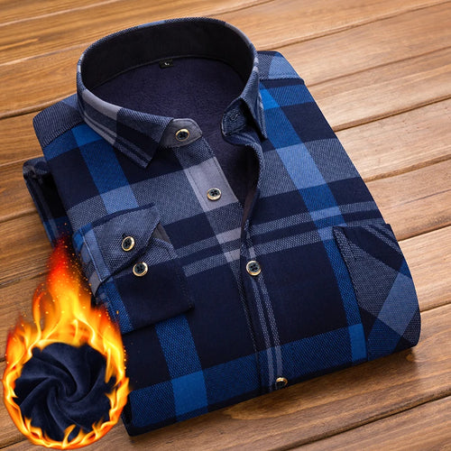 Plaid Printed Shirt Men's Winter Thicken Fleece Warm Long-sleeved