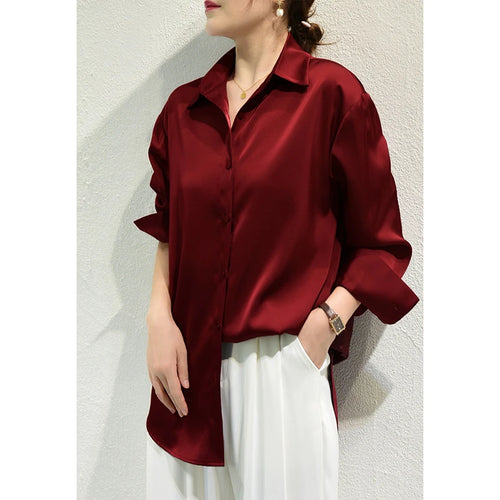 French Elegant Women Satin Glossy Shirt Summer Solid Loose Long Sleeve