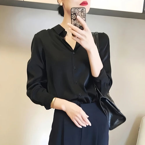 French Elegant Women Satin Glossy Shirt Summer Solid Loose Long Sleeve