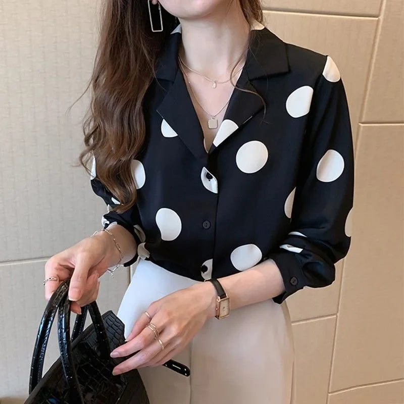 Polka Dot Women's Shirt Elegant Lapel Button-up Blouse Long Sleeve