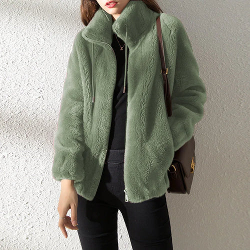 Women Autumn Winter Faux Fur Coats Zipper Cardigan Plush Thick Warm