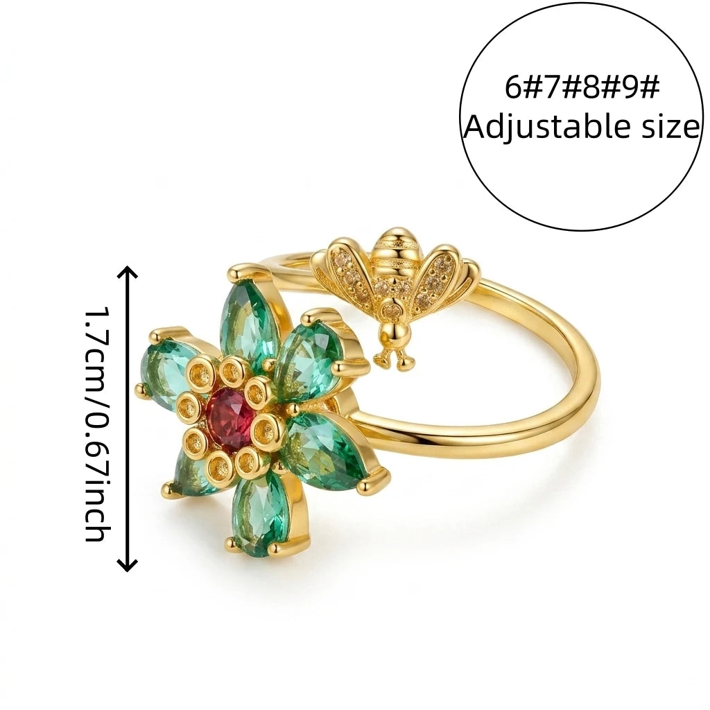 Rotatable Flower Ladies Open Ring with Cubic Zirconia Embedding