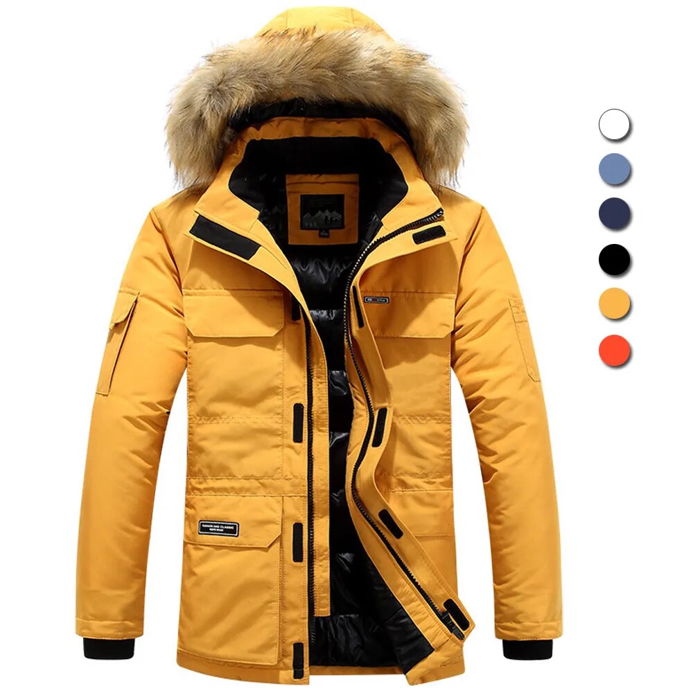 Fleece Winter Fur Hooded Parkas Men Duck Down Snow Jacket Windproof