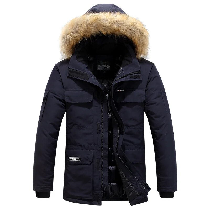 Fleece Winter Fur Hooded Parkas Men Duck Down Snow Jacket Windproof