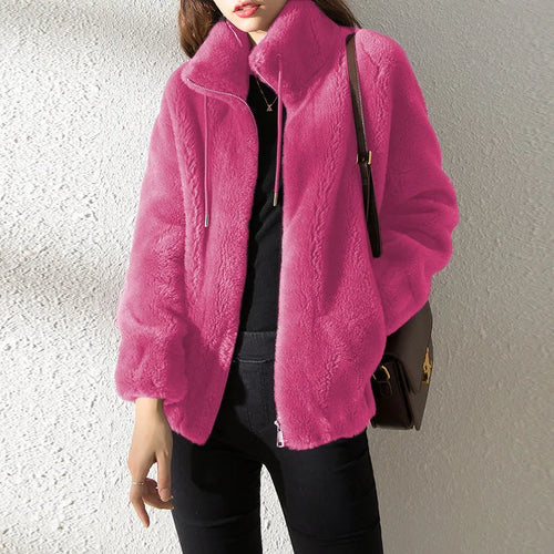 Women Autumn Winter Faux Fur Coats Zipper Cardigan Plush Thick Warm