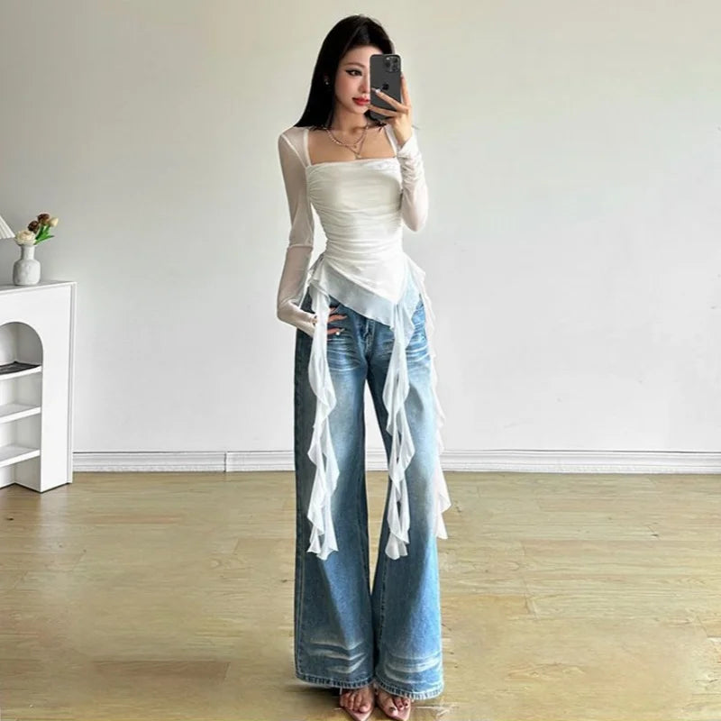Ruffle Long Sleeve Sexy T-Shirts Fashion Women Y2K Irregular