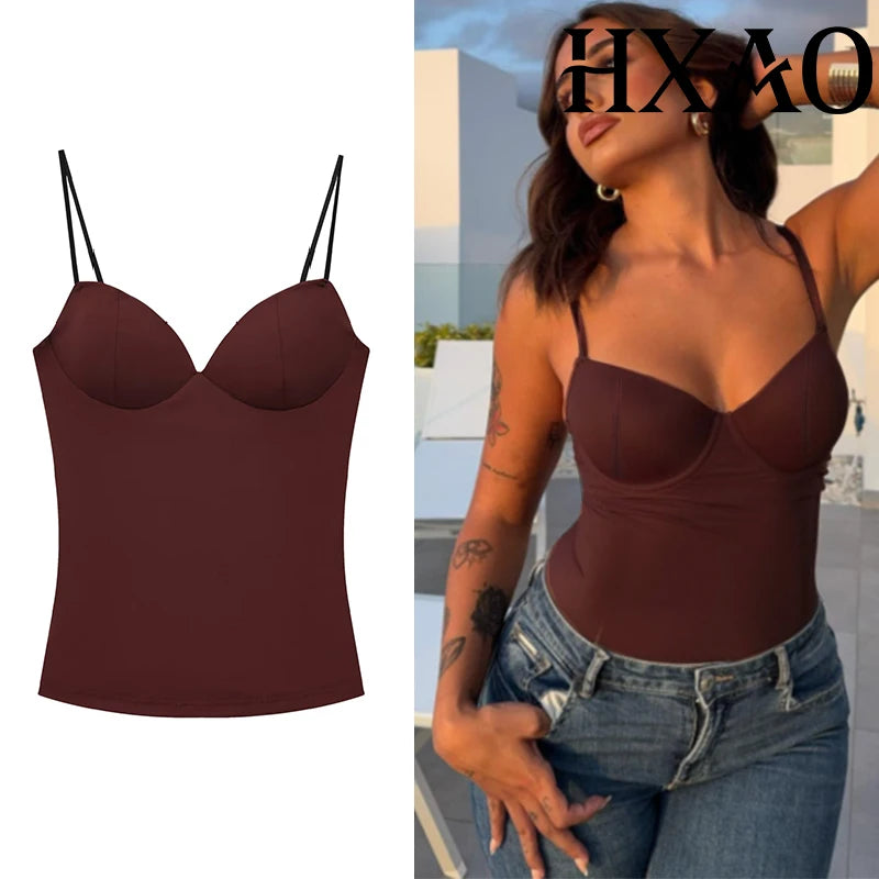 HXAO Woman Tops Corset Crop Top Women Sleeveless Black Brown Top With