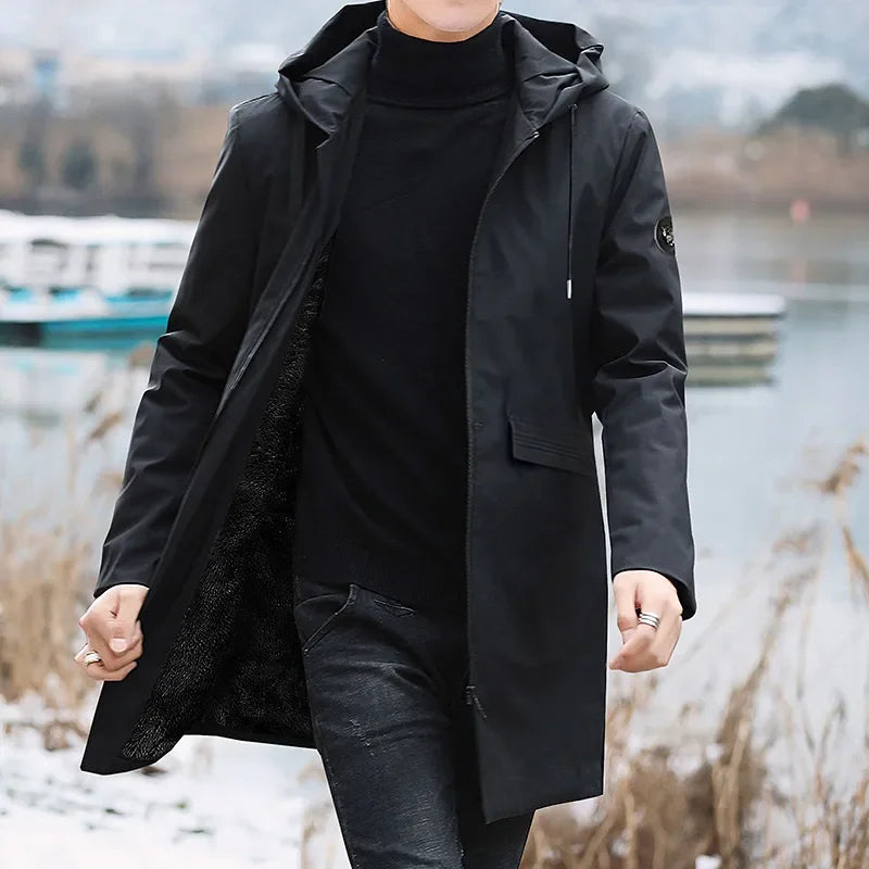 2024 New Plus Size Men's Winter Warm Jacket Fleece Parka Coat Black