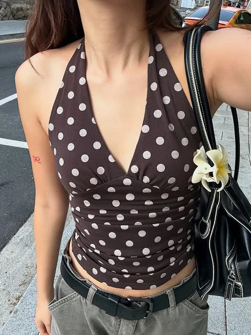 Nibber Halter v-Neck Vest Women Lace-Up Backless Polka Dot Print