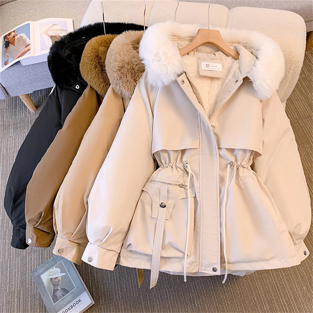 Women Autumn Winter Fashion Coats Korean Hooded Drawstring Padded
