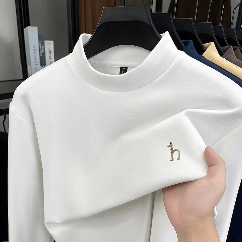 Autumn Winter New Men's Half High Collar Velvet Long Sleeve T-Shirt