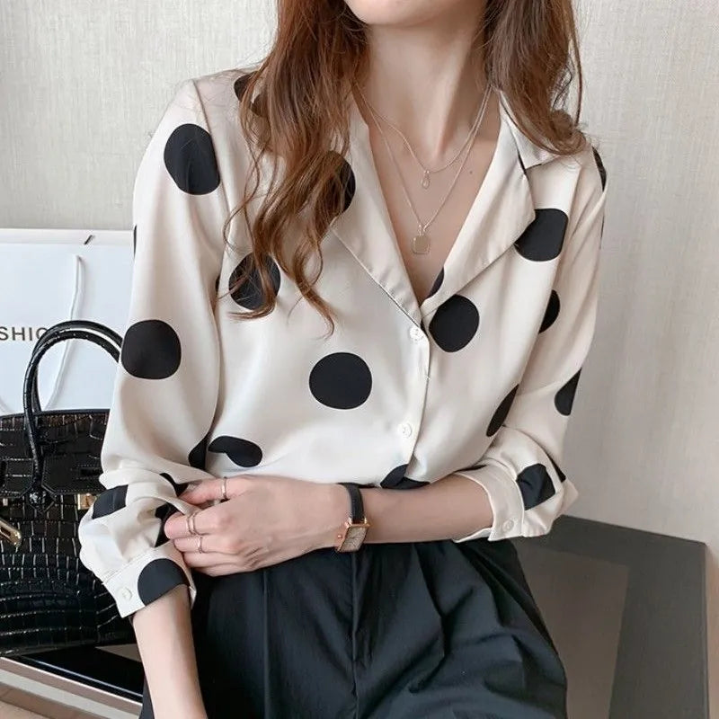 Polka Dot Women's Shirt Elegant Lapel Button-up Blouse Long Sleeve