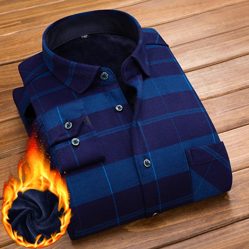 Plaid Printed Shirt Men's Winter Thicken Fleece Warm Long-sleeved