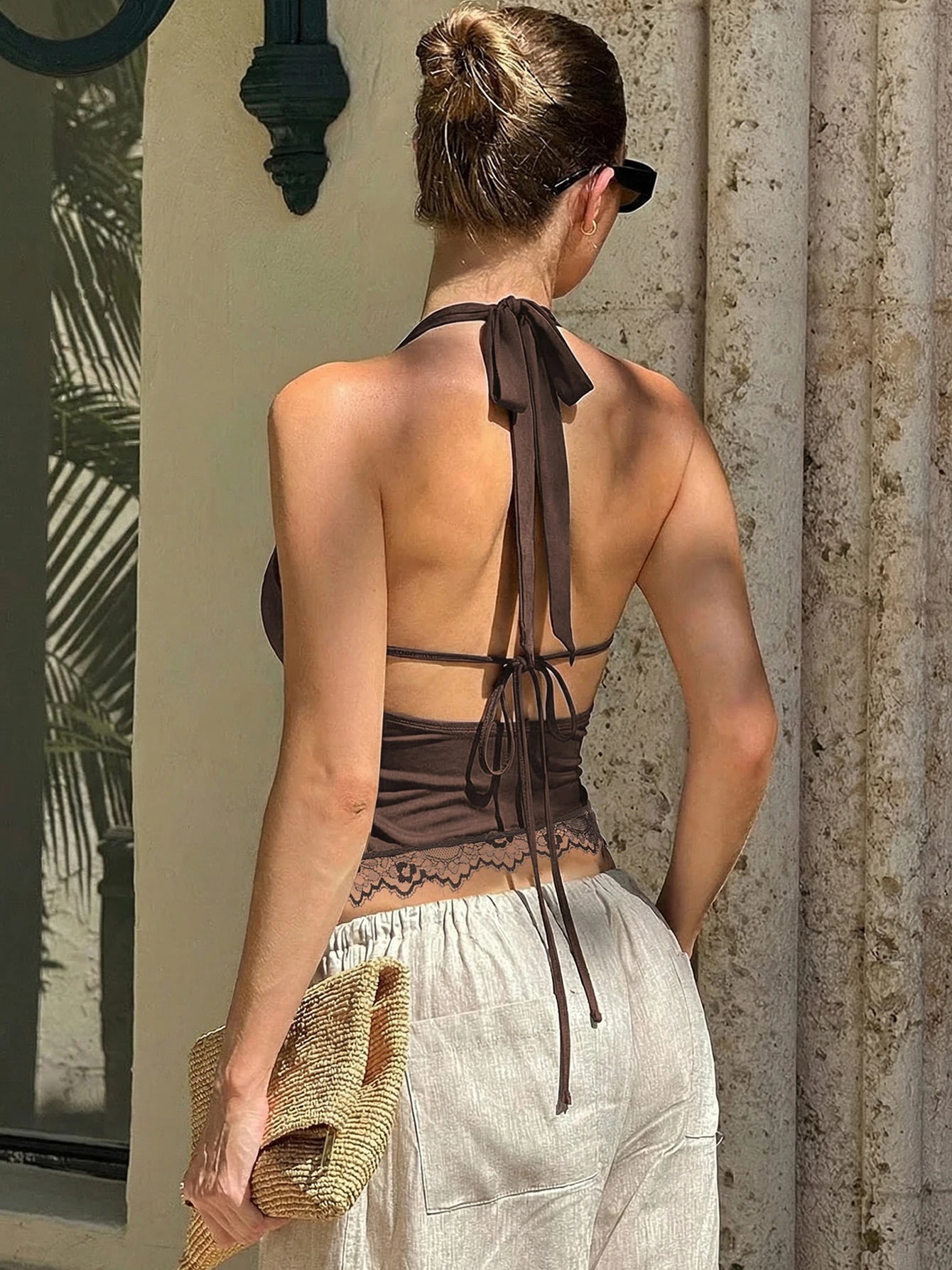Dulzura Summer Fashion Sexy Halter Backless Lace Up Lace Ruffles