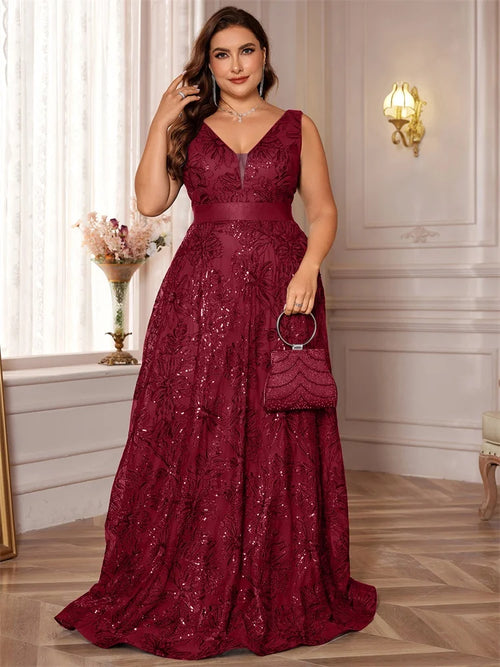 Plus Size Luxury Deep V-Neck Sequins Blue Evening Dress Women Elegant