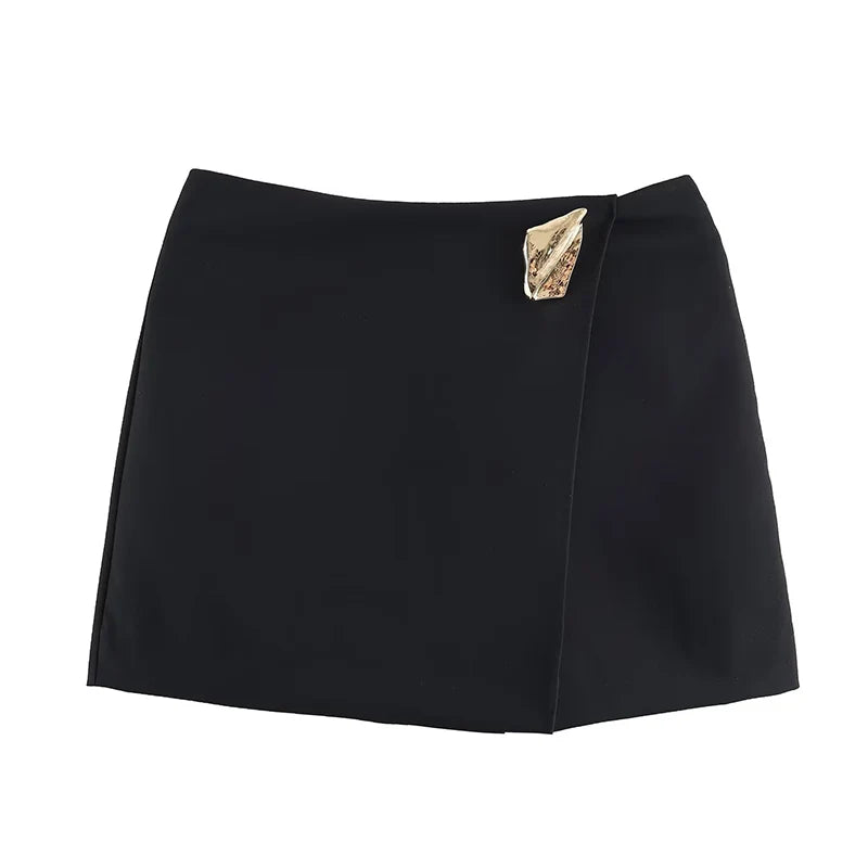 Asymmetry High Waist Mini Skirt Women Fashion Metal Decoration Elegant