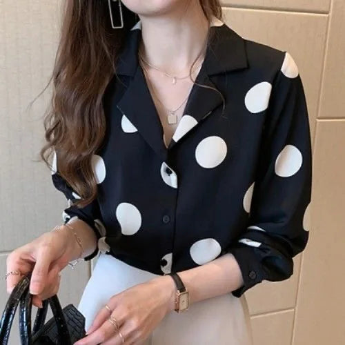 Polka Dot Women's Shirt Elegant Lapel Button-up Blouse Long Sleeve