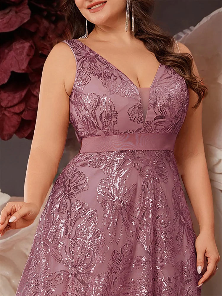 Plus Size Luxury Deep V-Neck Sequins Blue Evening Dress Women Elegant