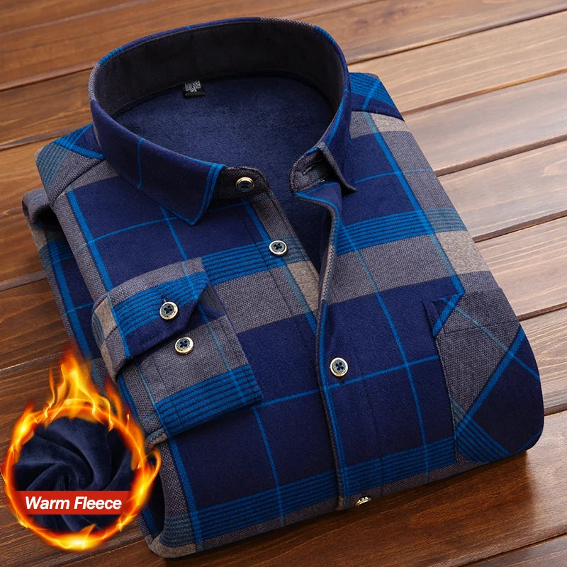 Plaid Printed Shirt Men's Winter Thicken Fleece Warm Long-sleeved