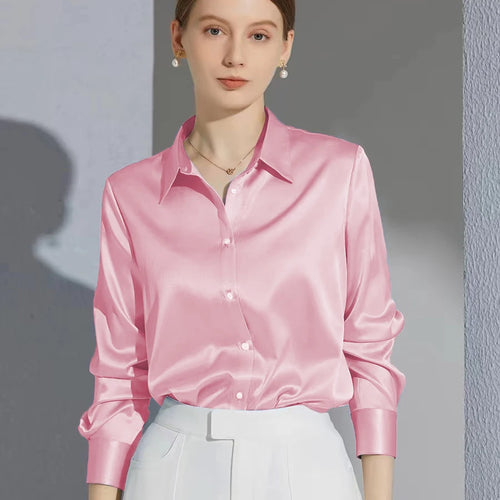 French Elegant Women Satin Glossy Shirt Summer Solid Loose Long Sleeve
