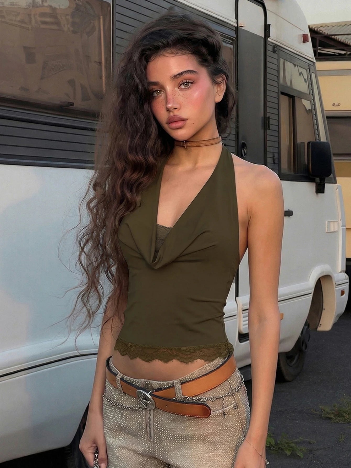 Dulzura Summer Fashion Sexy Halter Backless Lace Up Lace Ruffles