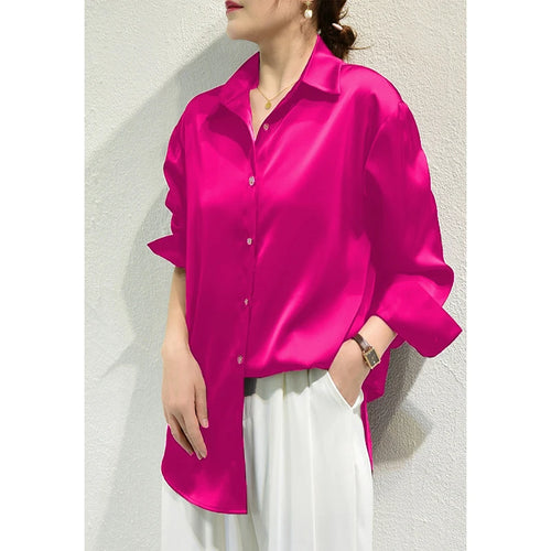French Elegant Women Satin Glossy Shirt Summer Solid Loose Long Sleeve
