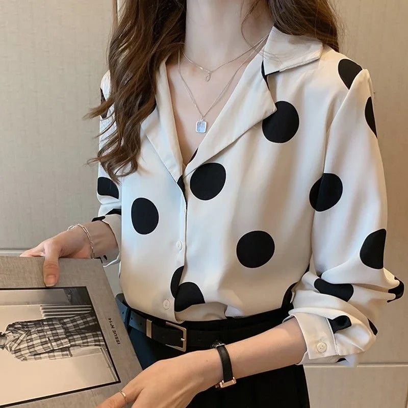 Polka Dot Women's Shirt Elegant Lapel Button-up Blouse Long Sleeve