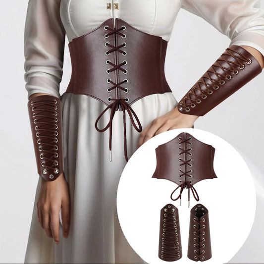 3PCS Medieval Costume Kit Retro Leather Lace up Corset Belts Waist