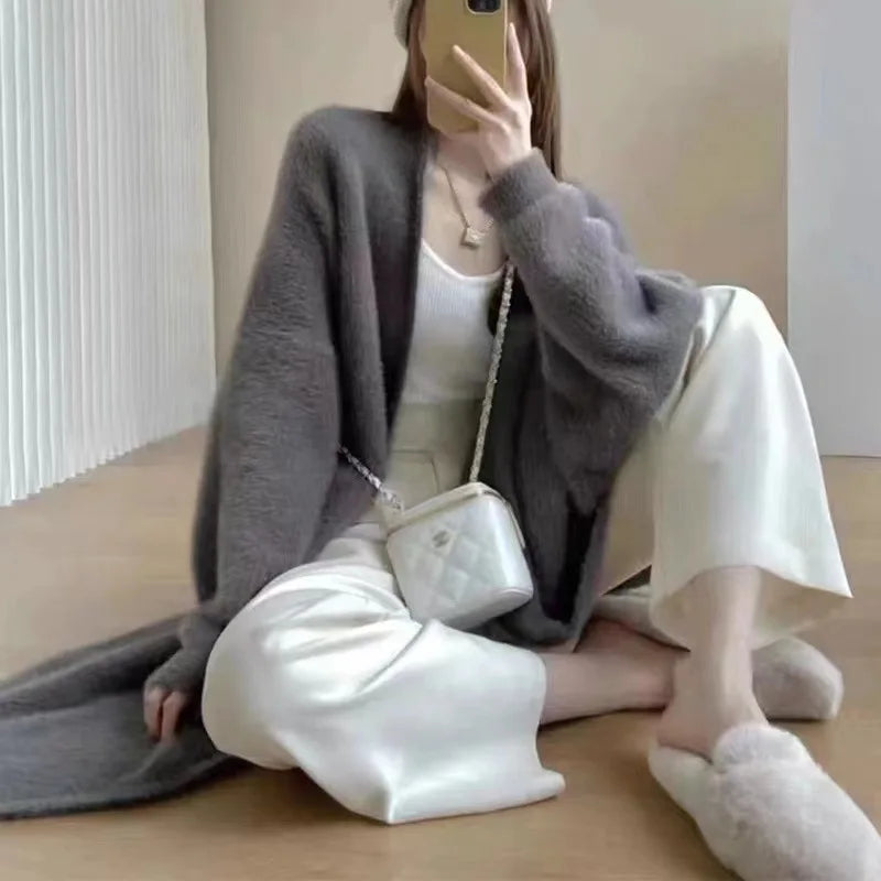Autumn and winter loose and lazy style open knit coat, thick knee