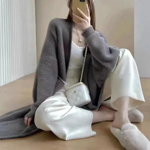 Autumn and winter loose and lazy style open knit coat, thick knee