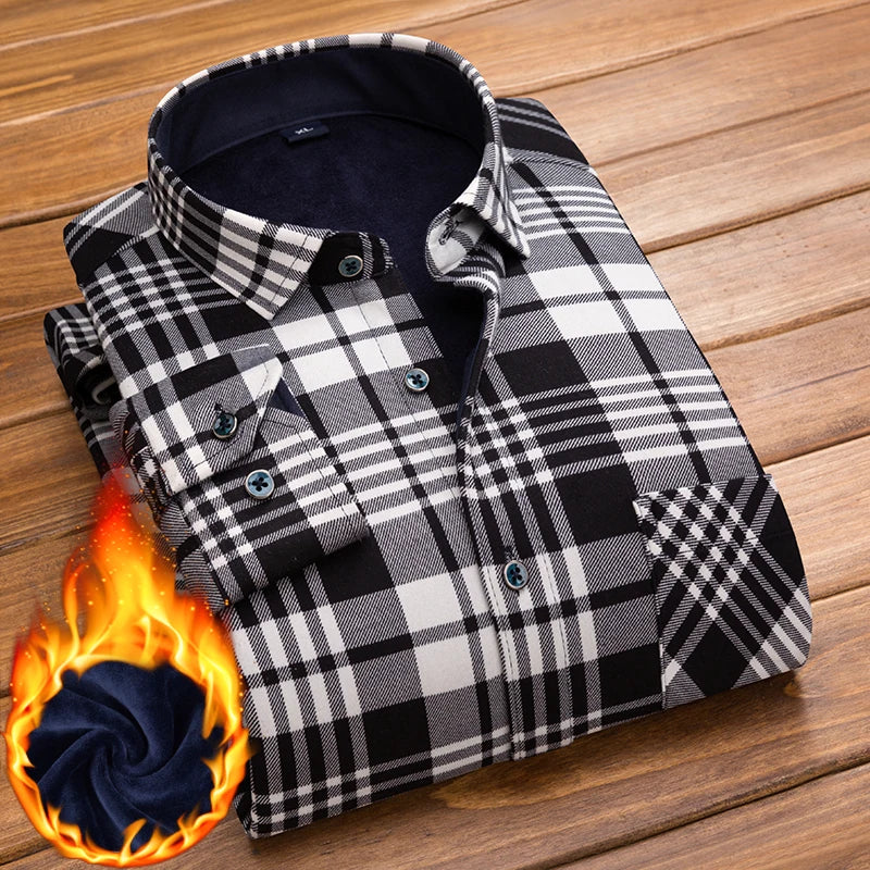 Plaid Printed Shirt Men's Winter Thicken Fleece Warm Long-sleeved