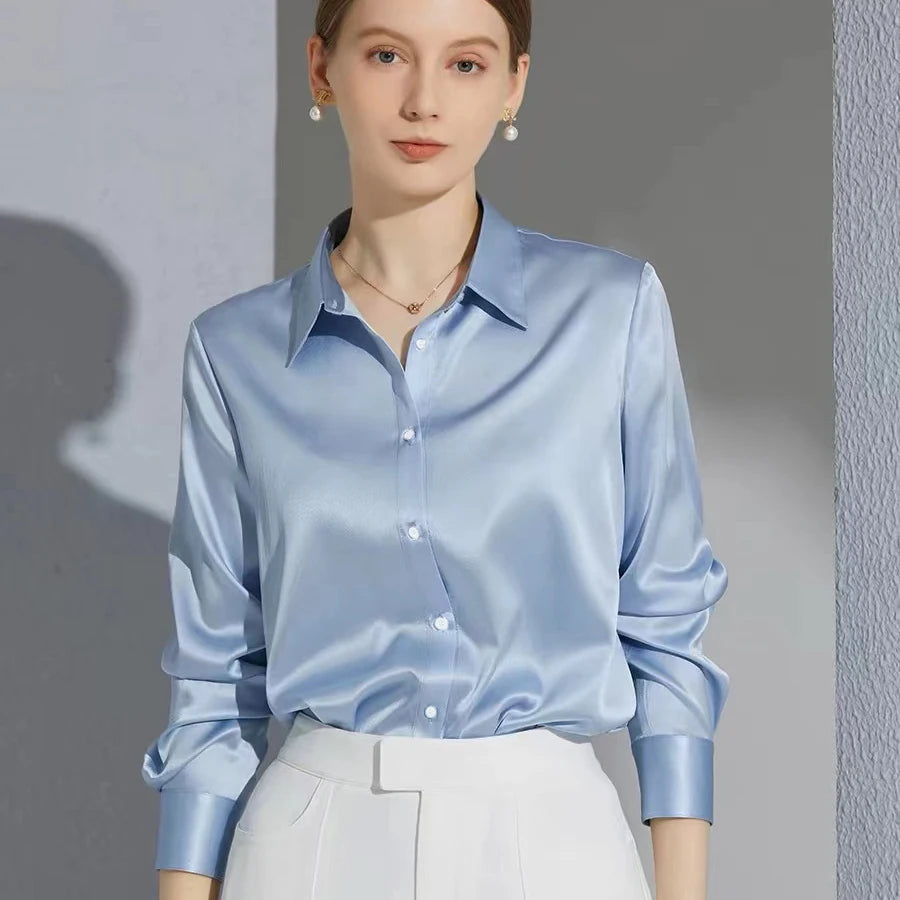 French Elegant Women Satin Glossy Shirt Summer Solid Loose Long Sleeve
