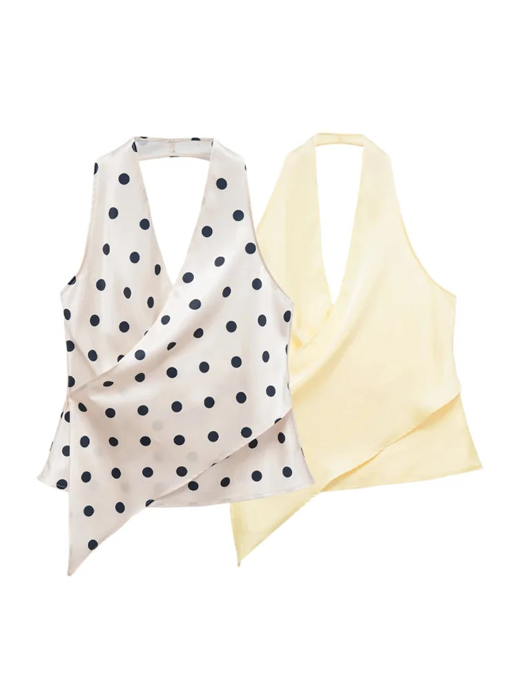 HH Women Elegant Satin Halter Tops White Polka Dot V Neck Sexy