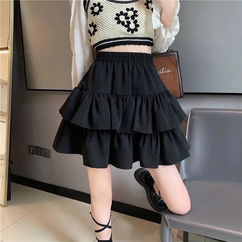 Pleated A-Line Skirt Women White Ruffle Sweet Tierred Pretty Style